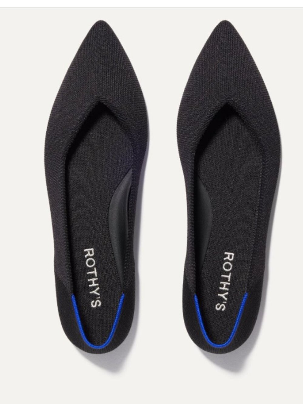 Rothy's Black Pointed Toe Flats with Blue Accent